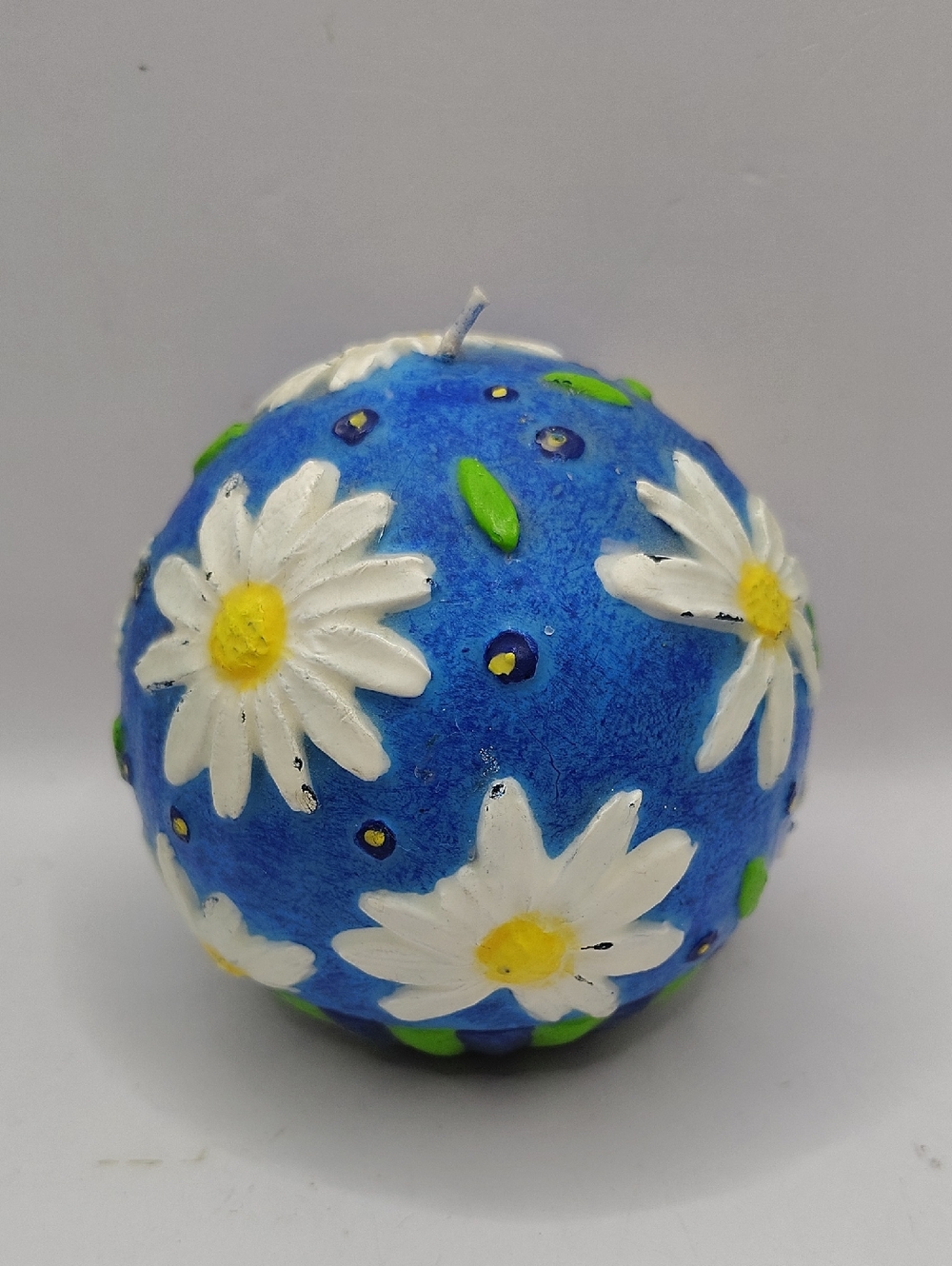 Vintage Unique Blue Daisy Sphere Candle - White & Yellow Floral. New